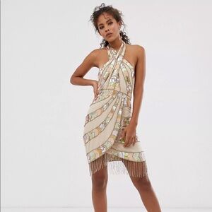 ASOS mini dress with wrap neck and beaded fringe, wedding guest, size 8